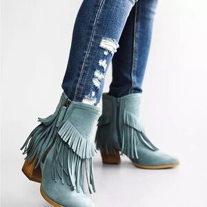 Fringe Suede Ankle Boots - Turquoise